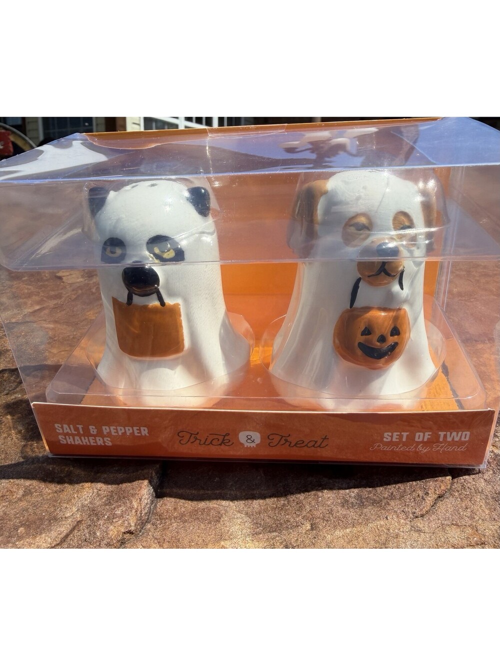 Halloween Ghost Cat & Dog Trick or Treat Ceramic Salt & Pepper Shakers NWT